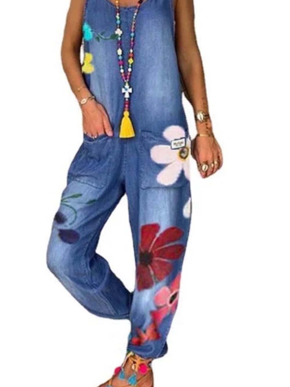 Denim Floral Patchwork Women's Jeans Overalls - Blue